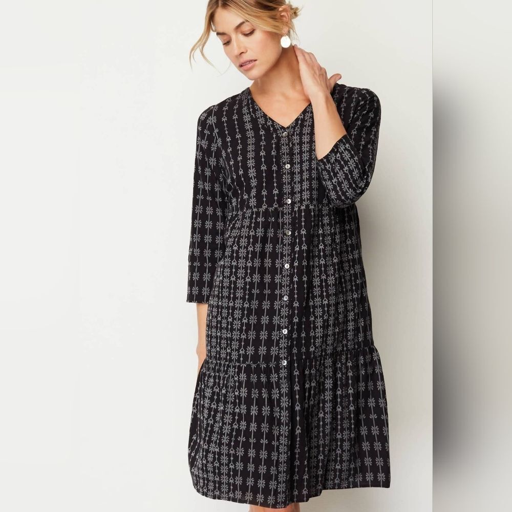 J. Jill Pure Jill Elements Tiered Cotton Midi Dress Black Cottagecore Size SP